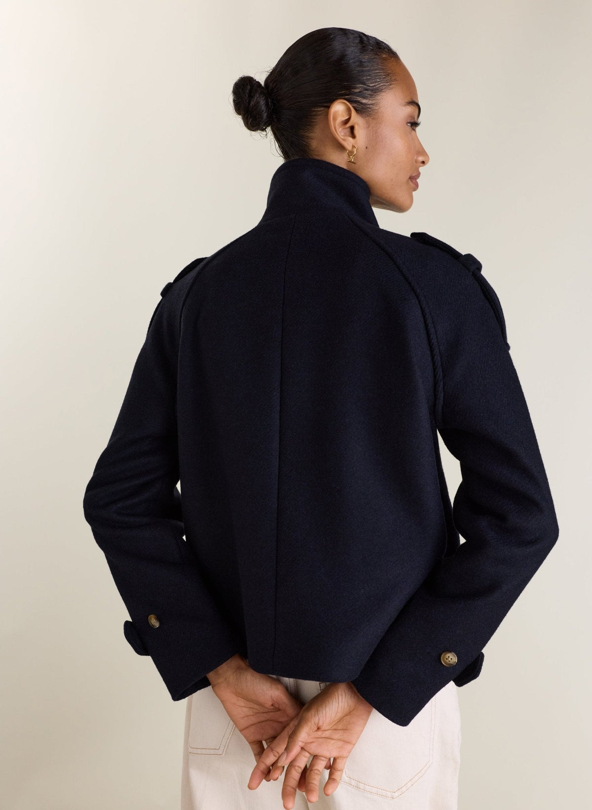Women's Navy Short Coat – Hip-Length Button Front Melton Coat