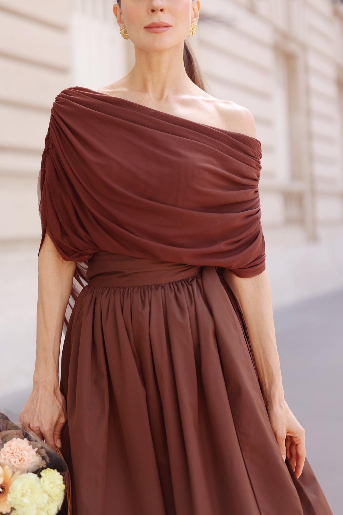 Women's Brown Draped Mesh Bodysuit – Going Out Top