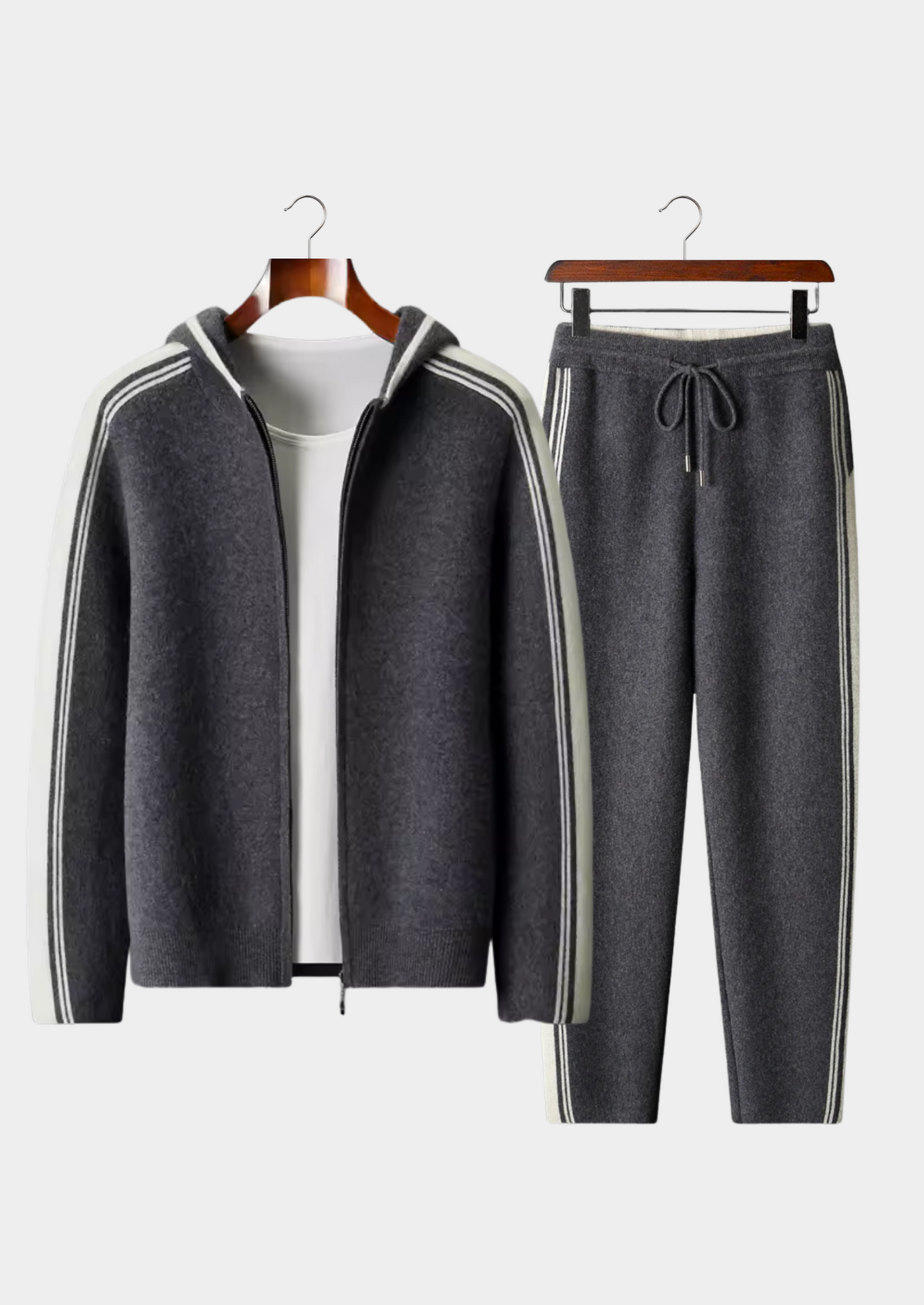 Men's Dark Grey Knit Hooded Zip Lounge Set – Zip Jacket & Trousers, Contrast Stripe