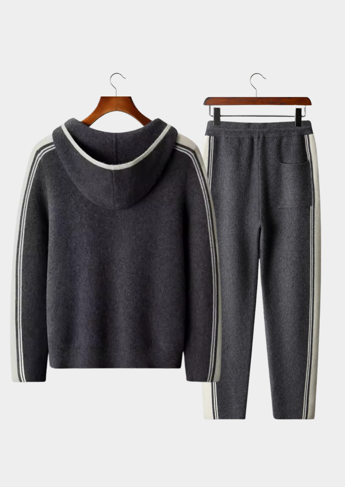 Men's Dark Grey Knit Hooded Zip Lounge Set – Zip Jacket & Trousers, Contrast Stripe