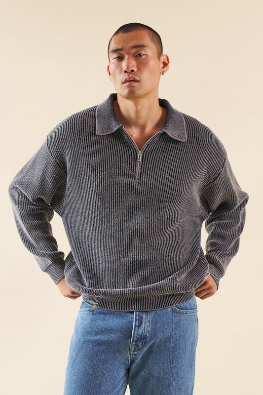 Men's Charcoal Acid Wash Half-Zip Knit Jumper – Collared Pullover