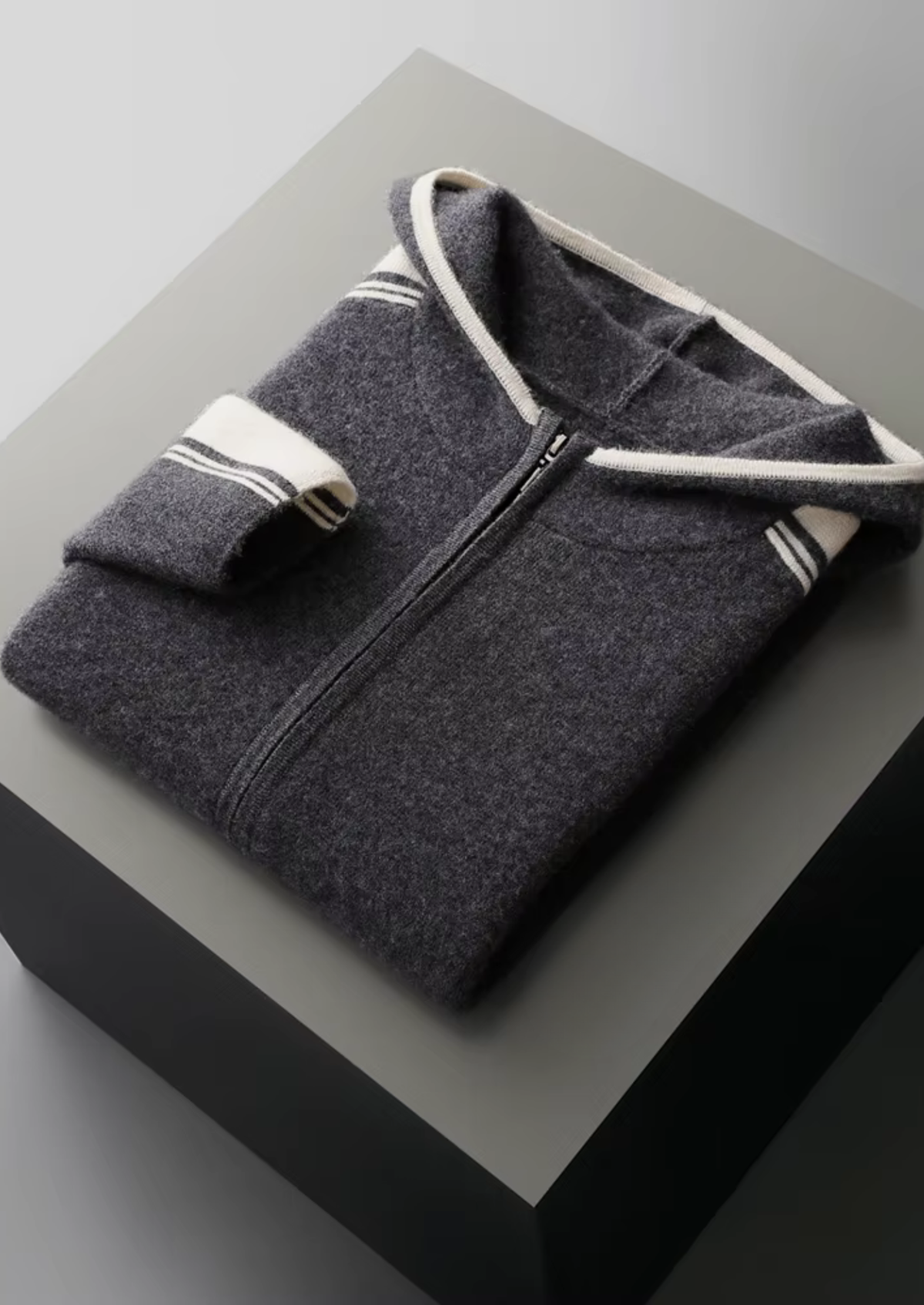 Men's Dark Grey Knit Hooded Zip Lounge Set – Zip Jacket & Trousers, Contrast Stripe