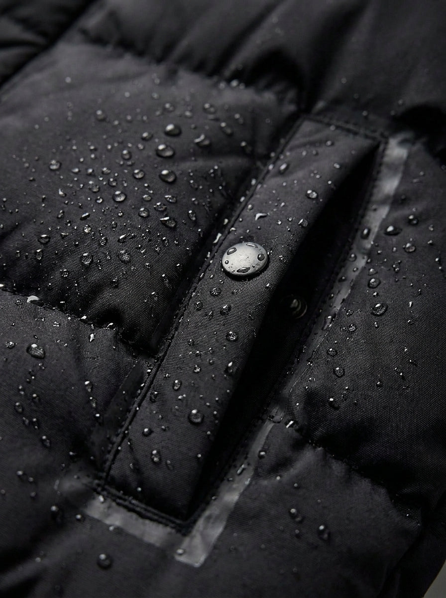 Close-up of waterproof puffer jacket fabric and seam detail