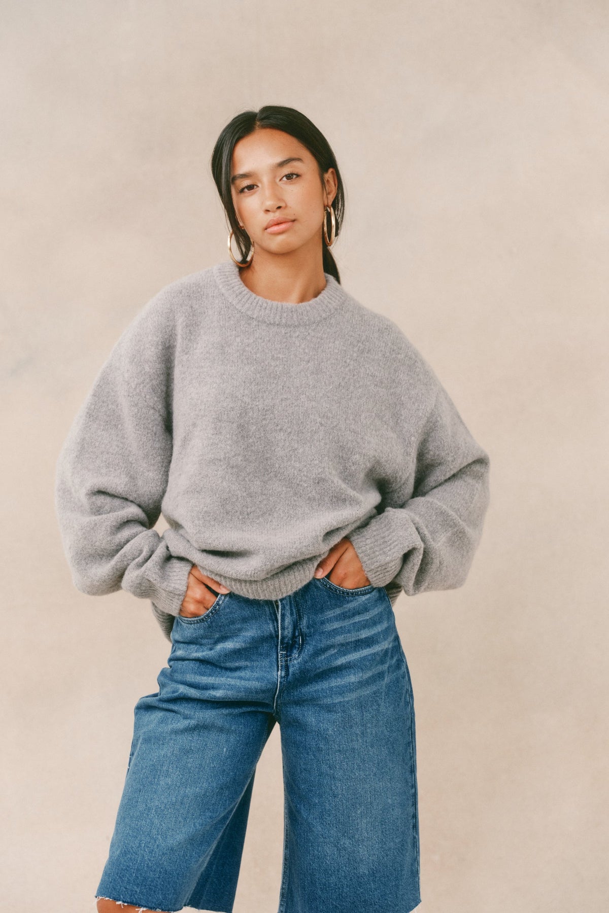 Men's Grey Oversized Crew Neck Jumper – Brushed Knit Sweater