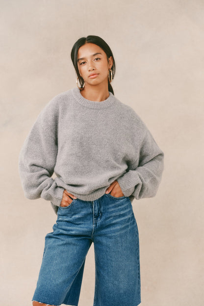 Men's Grey Oversized Crew Neck Jumper – Brushed Knit Sweater