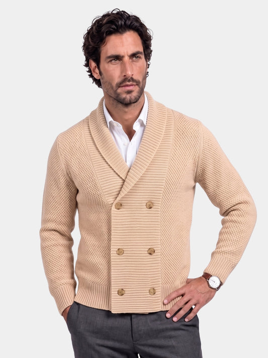 Men's Knit Cardigan – Button-Up Fine Knit, Beige & Black