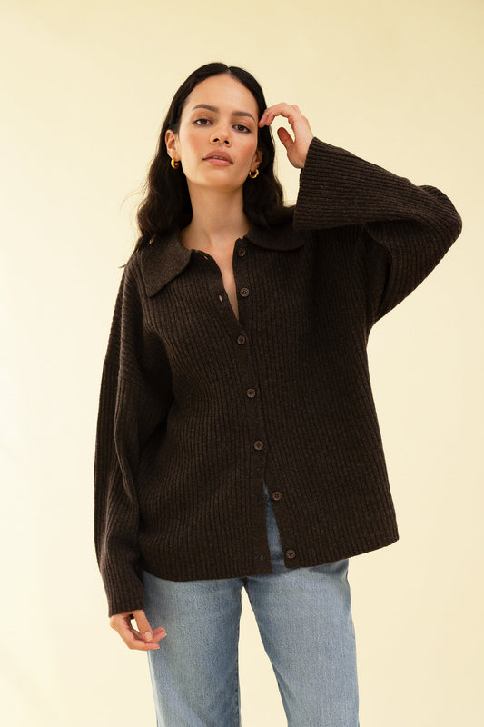 Women's Wool-Blend Cardigan – Oversized Collared Coffee Knit