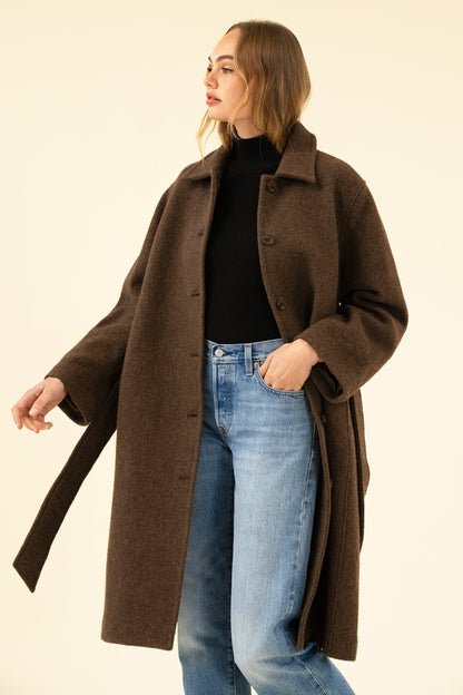 Women's Brown Bouclé Wool-Blend Coat – Belted Winter Coat