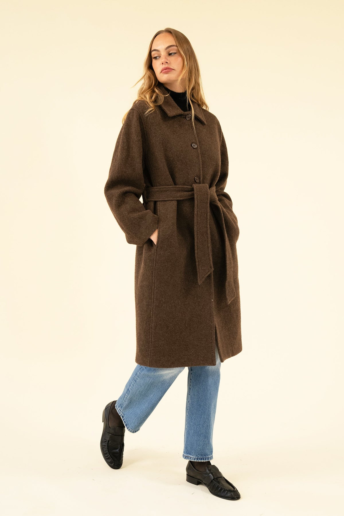 Women's Brown Bouclé Wool-Blend Coat – Belted Winter Coat