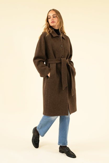 Women's Brown Bouclé Wool-Blend Coat – Belted Winter Coat