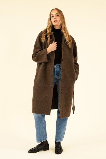 Women's Brown Bouclé Wool-Blend Coat – Belted Winter Coat
