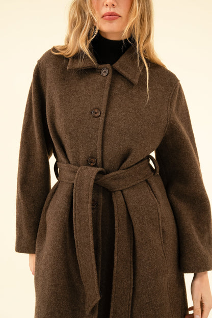 Women's Brown Bouclé Wool-Blend Coat – Belted Winter Coat