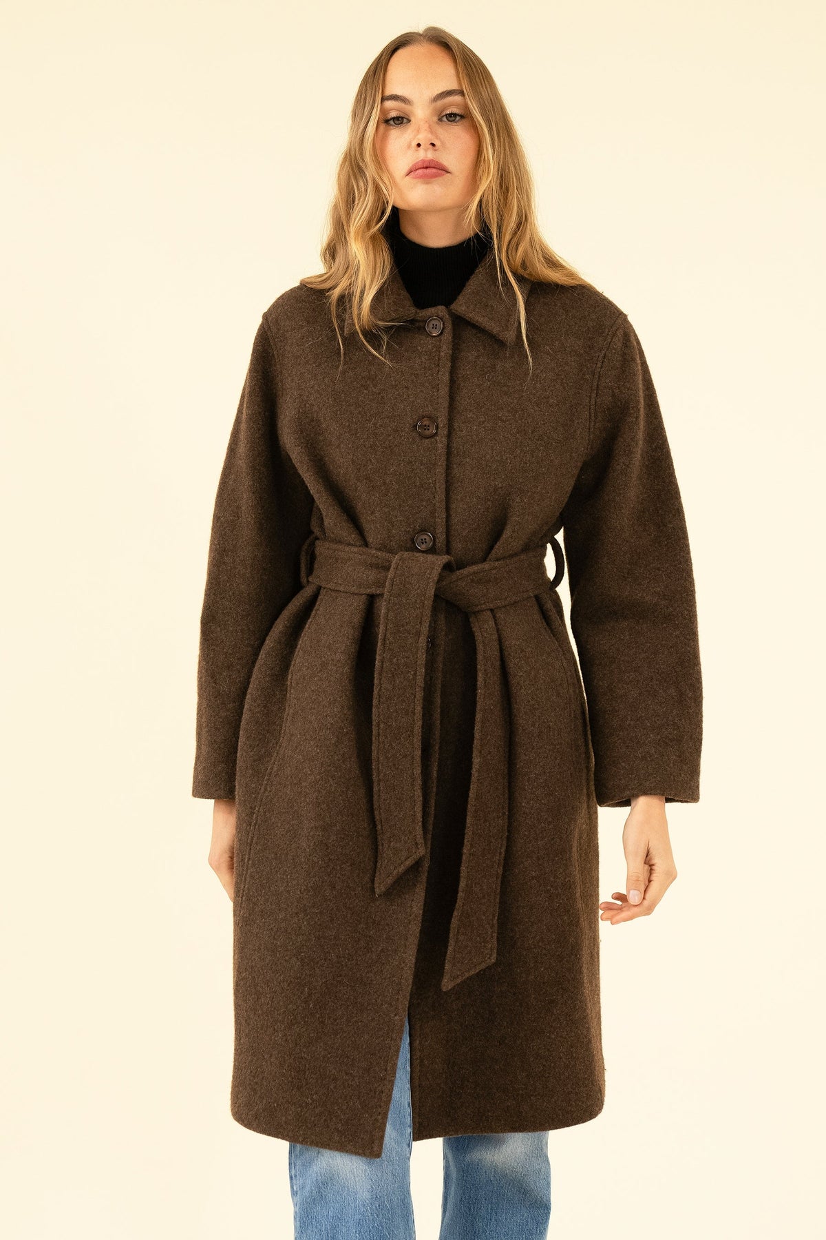 Women's Brown Bouclé Wool-Blend Coat – Belted Winter Coat