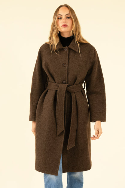 Women's Brown Bouclé Wool-Blend Coat – Belted Winter Coat