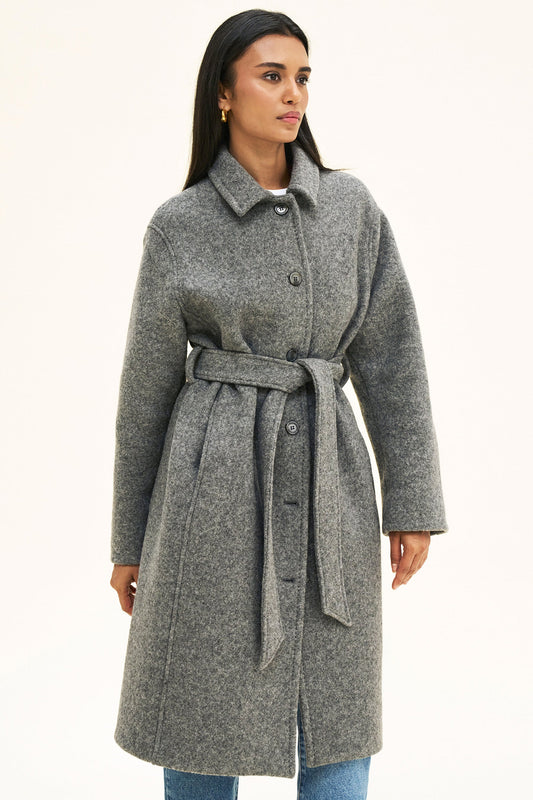 Women's Grey Bouclé Wool-Blend Coat – Belted Winter Coat