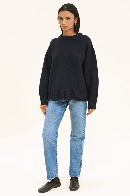 Women's Merino Wool-Blend Jumper – Oversized Boyfriend Knit, Navy