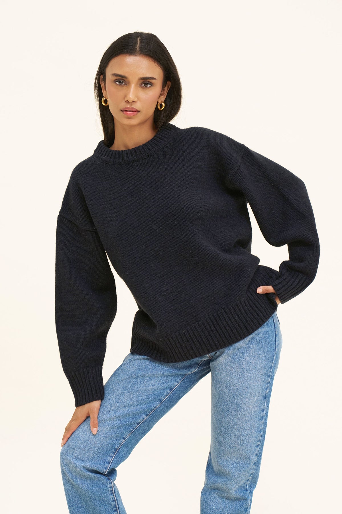Women's Merino Wool-Blend Jumper – Oversized Boyfriend Knit, Navy