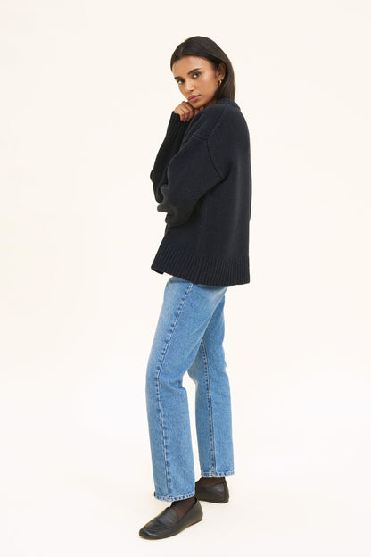Women's Merino Wool-Blend Jumper – Oversized Boyfriend Knit, Navy