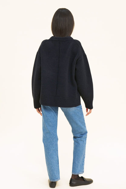 Women's Merino Wool-Blend Jumper – Oversized Boyfriend Knit, Navy