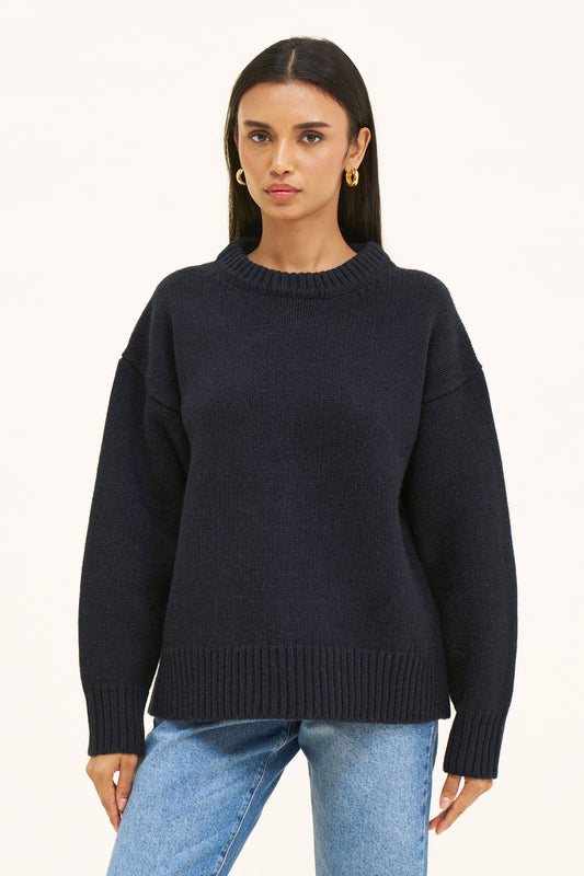 Women's Merino Wool-Blend Jumper – Oversized Boyfriend Knit, Navy