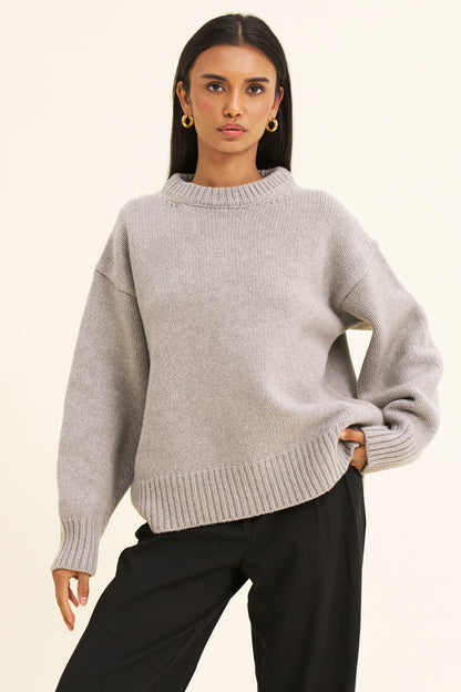 Women's Merino Wool-Blend Jumper – Oversized Boyfriend Knit, Grey