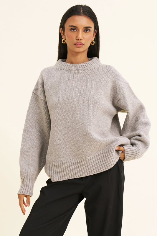 Women's Merino Wool-Blend Jumper – Oversized Boyfriend Knit, Grey