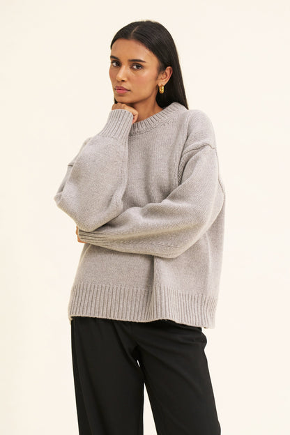 Women's Merino Wool-Blend Jumper – Oversized Boyfriend Knit, Grey