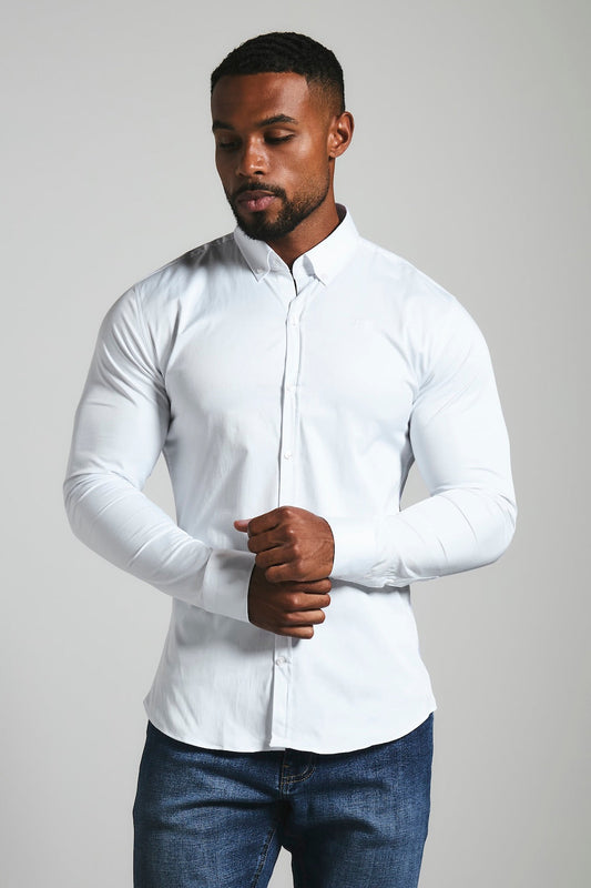 Men's White Muscle Fit Shirt – Stretch Button-Down Collar Shirt