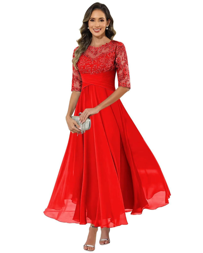 Women'S Evening Dress – Lace & Chiffon 3/4 Sleeve A-Line Dress - Elegant Fit