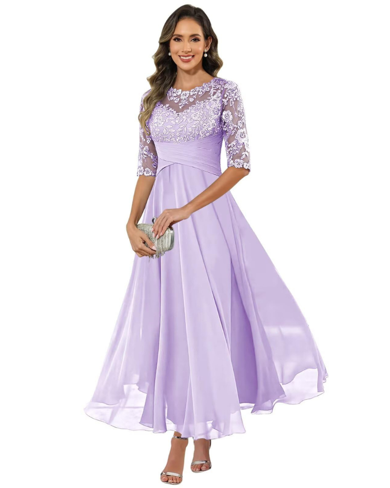 Women'S Evening Dress – Lace & Chiffon 3/4 Sleeve A-Line Dress - Elegant Fit
