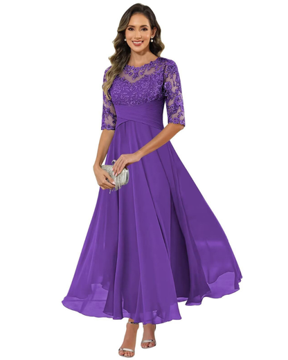 Women'S Evening Dress – Lace & Chiffon 3/4 Sleeve A-Line Dress - Elegant Fit