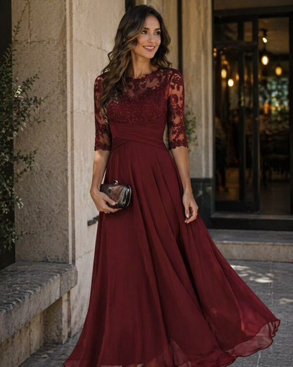 Women'S Evening Dress – Lace & Chiffon 3/4 Sleeve A-Line Dress - Elegant Fit