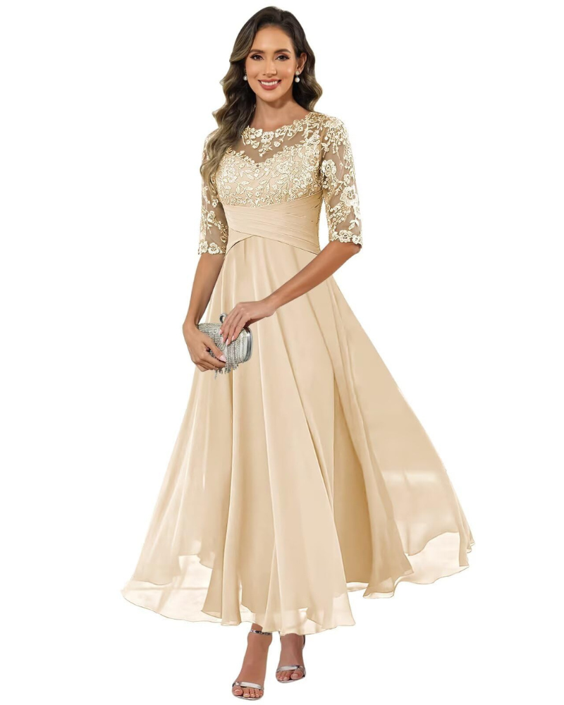 Women'S Evening Dress – Lace & Chiffon 3/4 Sleeve A-Line Dress - Elegant Fit