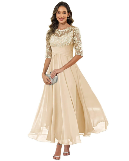 Women'S Evening Dress – Lace & Chiffon 3/4 Sleeve A-Line Dress - Elegant Fit
