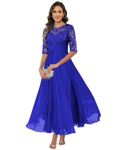 Women'S Evening Dress – Lace & Chiffon 3/4 Sleeve A-Line Dress - Elegant Fit