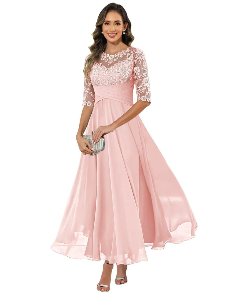 Women'S Evening Dress – Lace & Chiffon 3/4 Sleeve A-Line Dress - Elegant Fit