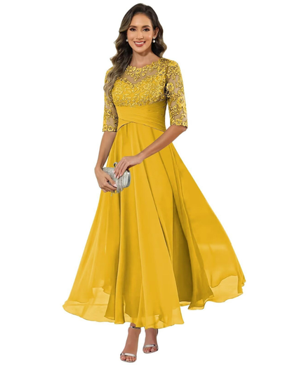 Women'S Evening Dress – Lace & Chiffon 3/4 Sleeve A-Line Dress - Elegant Fit