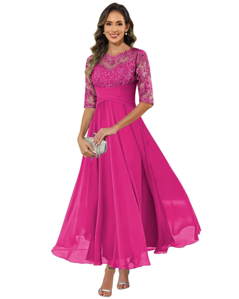 Women'S Evening Dress – Lace & Chiffon 3/4 Sleeve A-Line Dress - Elegant Fit