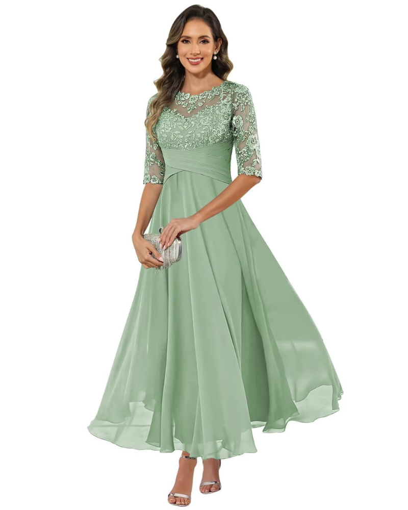 Women'S Evening Dress – Lace & Chiffon 3/4 Sleeve A-Line Dress - Elegant Fit