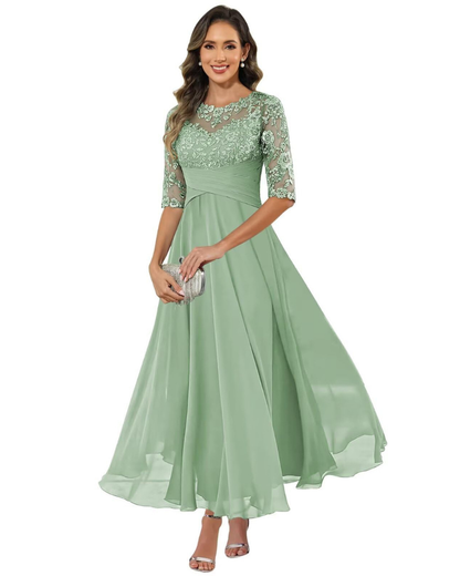 Women'S Evening Dress – Lace & Chiffon 3/4 Sleeve A-Line Dress - Elegant Fit