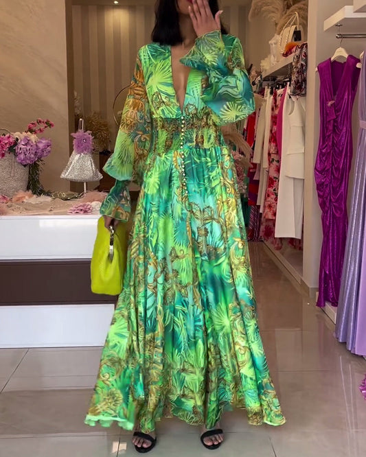 Women's Long Boho Maxi Dress – Empire Waist V-Neck Lantern Sleeve