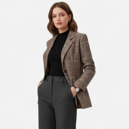 Women's Brown Checked Blazer – Structured Button-Up Tailored Jacket