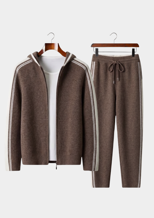 Men's Dark Mocha Knit Hooded Zip Lounge Set – Zip Jacket & Trousers, Contrast Stripe