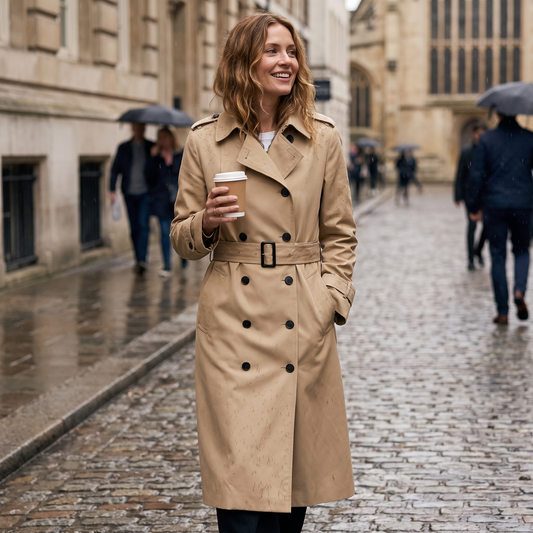Women's Long Trench Coat – Belted Double-Breasted Winter Coat