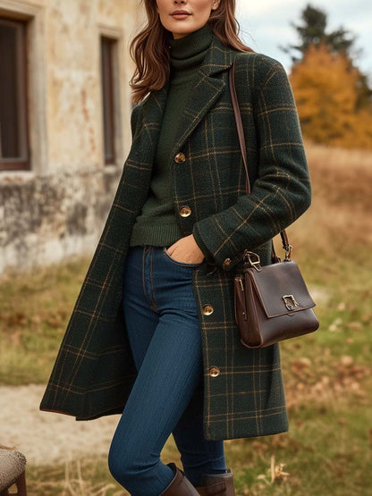 Women'S Plaid Wool Winter Coat – Long Button-Up Outerwear - Luxury Outerwear