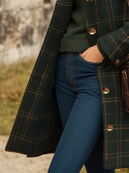 Women'S Plaid Wool Winter Coat – Long Button-Up Outerwear - Luxury Outerwear