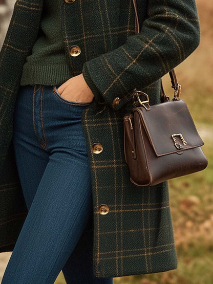 Women'S Plaid Wool Winter Coat – Long Button-Up Outerwear - Luxury Outerwear