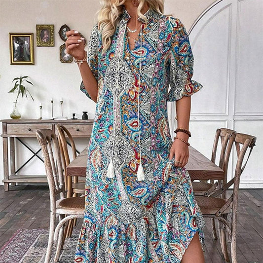 Women's Boho Paisley Dress – V-Neck Pom Pom Tie Summer Dress, 3 Colours
