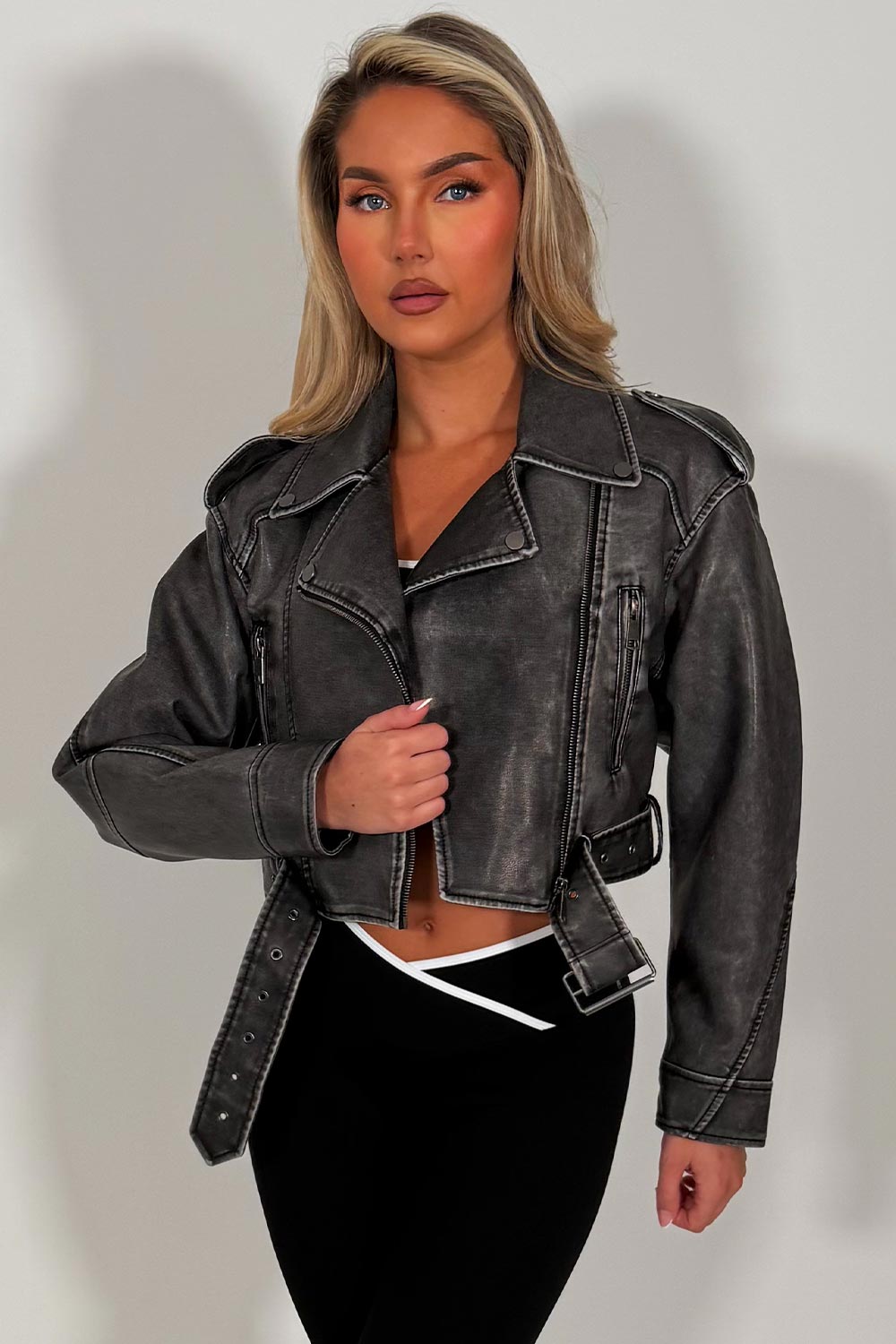 Women's Grey Faux Leather Jacket – Belted Cropped Lapel Jacket