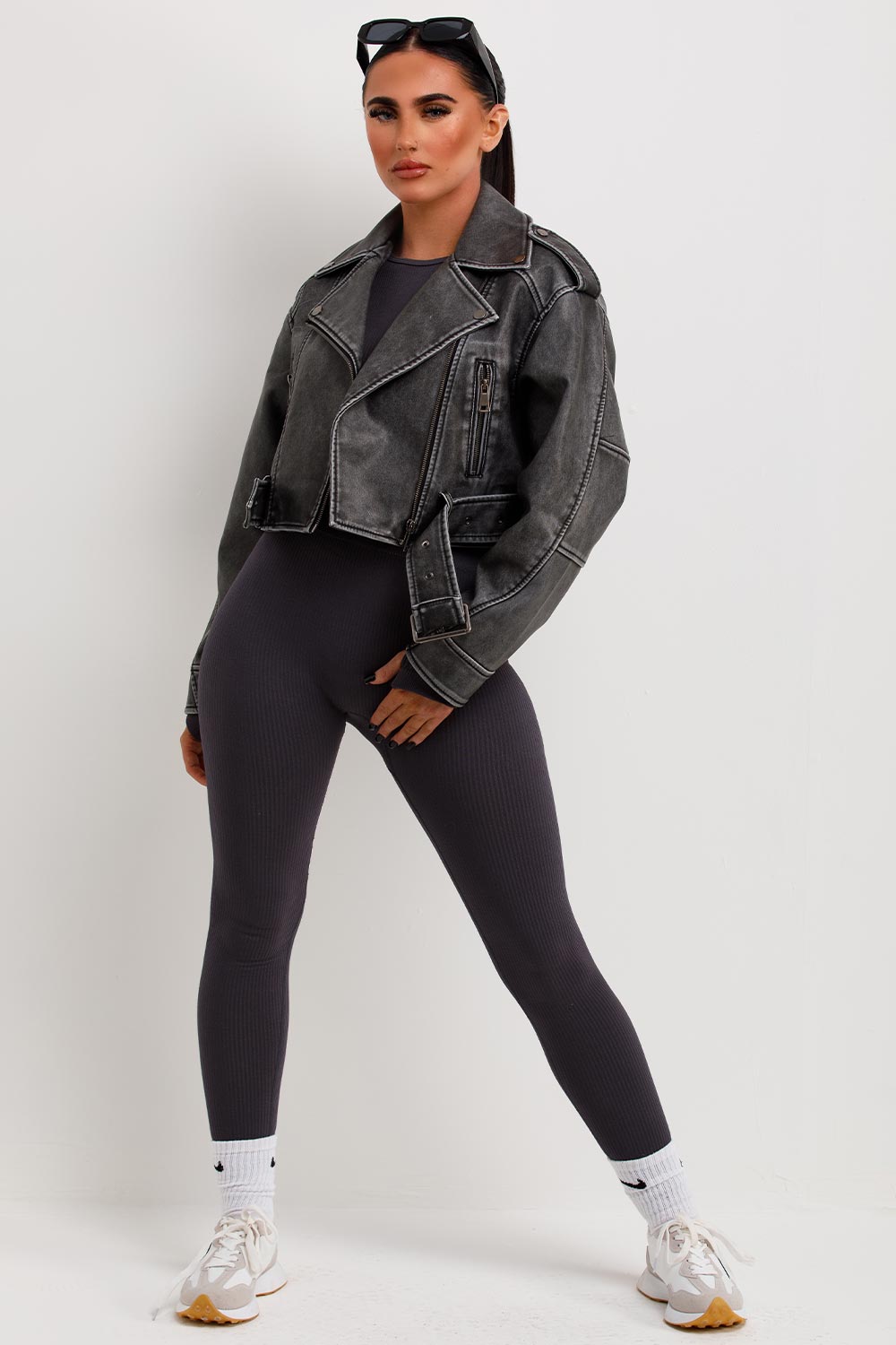 Women's Grey Faux Leather Jacket – Belted Cropped Lapel Jacket